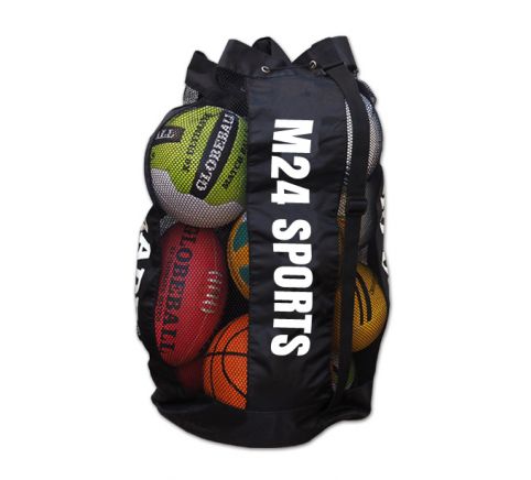 Ball bag with different sports balls inside. 